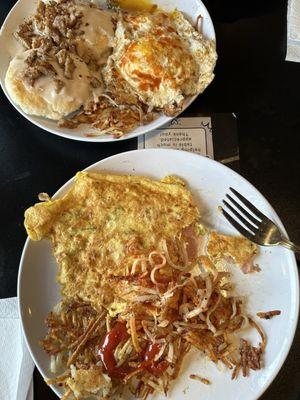 Western omelet and biscuits and gravy