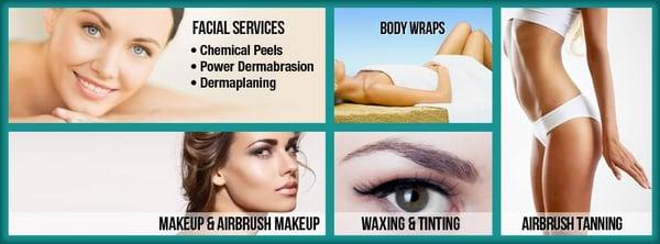 Facials, Body Wraps, Custom Spray Tanning, Waxing, Tinting, Custom blended makeup, Airbrush Makeup