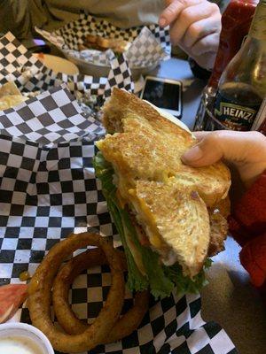 This is just half the sandwich. And they put it in 2 baskets and split the rings for us and we each got our own ranch dip.