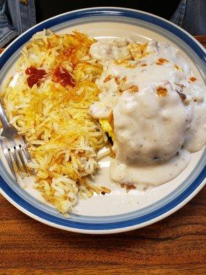 Biscuits and gravy with hash browns