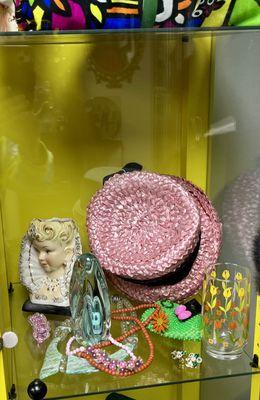 Collectibles jewelry, headvase, straw hat, glassware