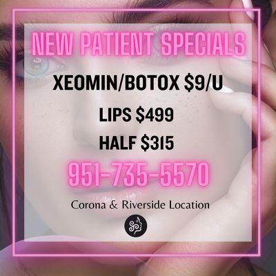 New Patient Specials!! Botox, Xeomin, Facial fillers, laser hair removal, skin resurfacing, body sculpting, and MORE