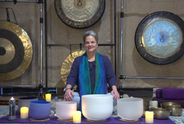 Sharon Wittmann, Sound Healer, uses gongs, crystal bowls, Tibetan bowls, and other  instruments in a sound bath.