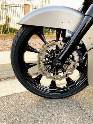 21 inch Performance Machine Hooligan wheel powdercoated gloss black with Galfer high performance Rotors and brake pads.