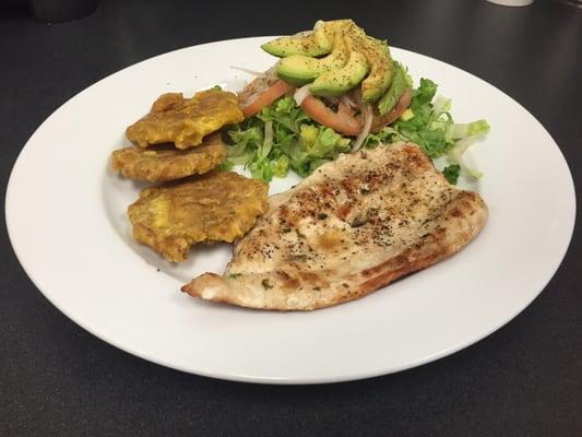 Pollo al Grill con Ensalada y Tostones \ Grilled Chicken with Salad and Green plantains