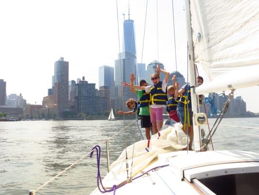 taking a break for lunch after sailing all over the Hudson in the morning.