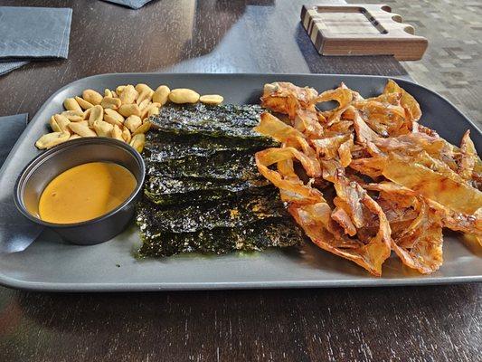 file fish snack, seaweed chips, peanuts