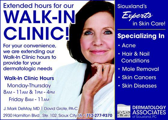 Walk-In Clinic hours:
 M-Th 8am-11am & 1pm - 4pm
 Friday 8am - 11am