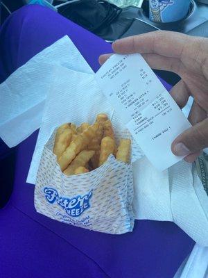 "LARGE" fries very small bag about the size of a dollar