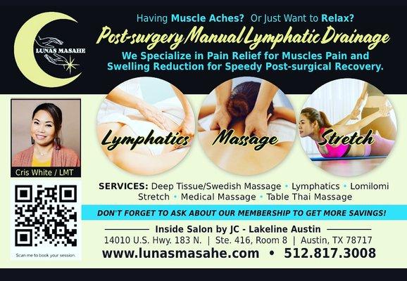 Lunas Masahe is specializing in Swelling Reduction and pain relief.