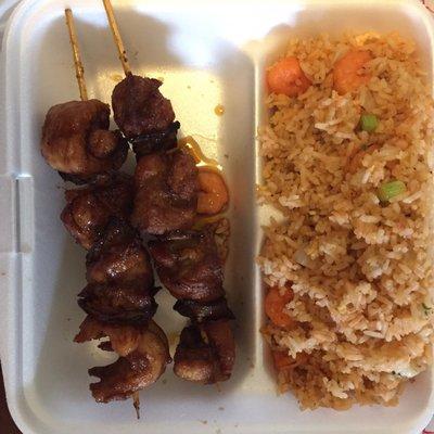 Kabob plate with rice, $6. Not sure what the meat is but it's good.