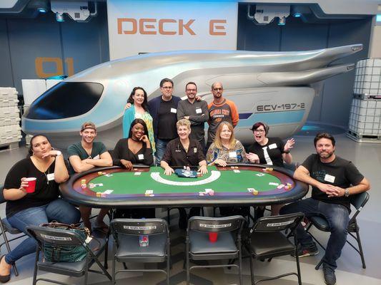 The winners at a team building poker tournament on the set of Orville in Los Angeles.