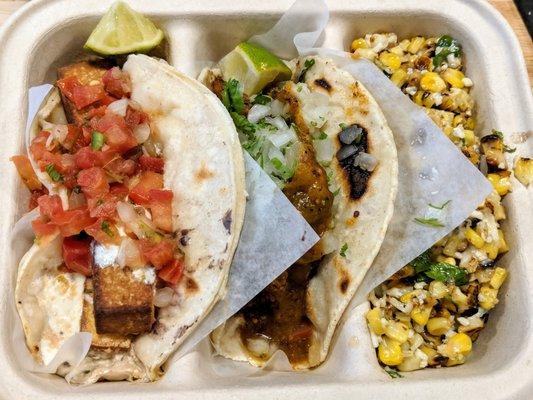 smoked tofu taco, chorizo taco, and street corn.  All delicious.