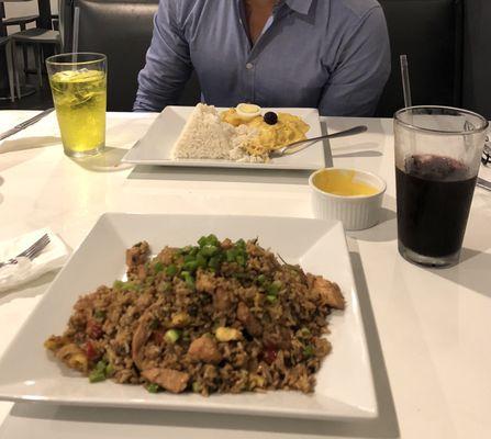 Chaufa de pollo, aji de gallina, chicha morada and inka cola.