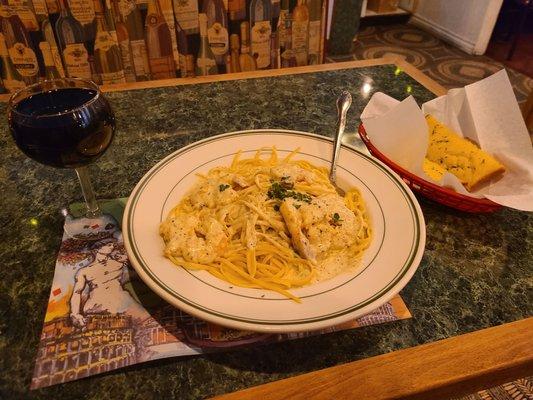 Bogle Merlot, 5 Jumbo Shrimp Alfredo, and the side of garlic bread it comes with. A more-than-full meal!