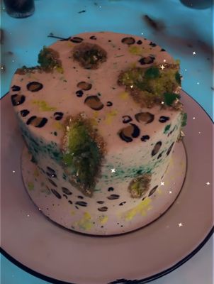 Birthday cake, with of course Cheetah and  Green Crystals! (Funfetti flavor)