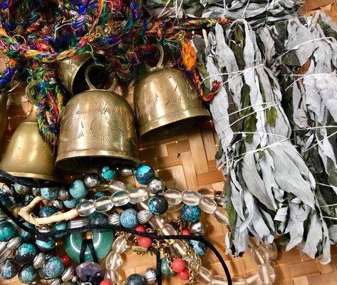 Vintage bells, beads & mugwort burning bouquets.