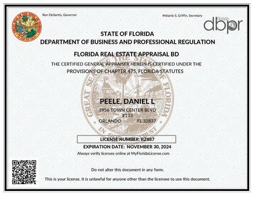 Appraisal License, DBPR 
Daniel Peele, RZ 887