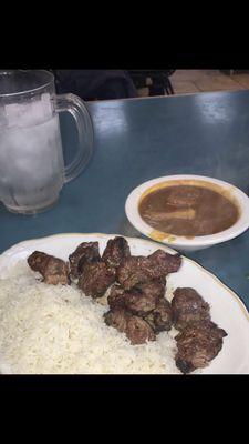 Filet Mignon chunks with rice and curried potatoes. Also called in Arabic Beef Tikka. Perfection!