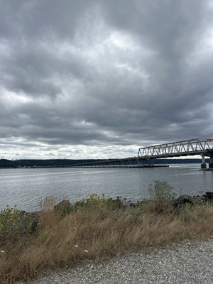 Bridge and water with flowers in forefront