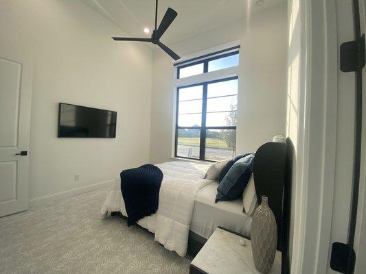 Guest bedroom with SI Nano Box, wireless, blackout fabric, and an outside install to cover the two windows.