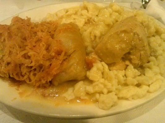 Chicken paprikash and stuffed cabbage combo plate with dumplings. Yummy!