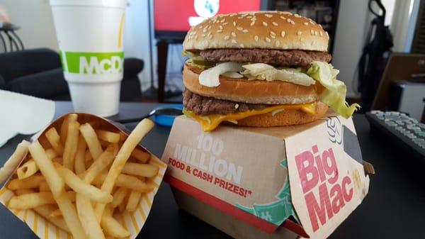 Big Mac in all its greasy glory.  Side of fries.