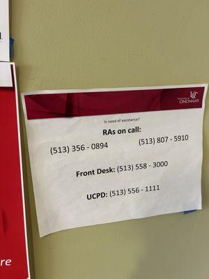 RA and front Desk Numbers