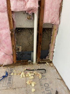 Poor work leads to mold and water damage on the back wall of the shower stall