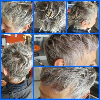 Color correction from yellow blonde to grey. Short hair haircut on naturally curly hair