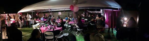 Panoramic Photo of our outdoor setup for a sweet 16 birthday party