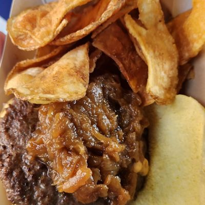 French onion soup burger with chips