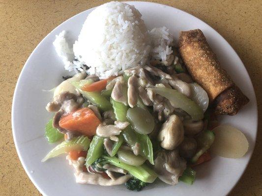 Chicken with Vegetables, steam rice & egg roll.