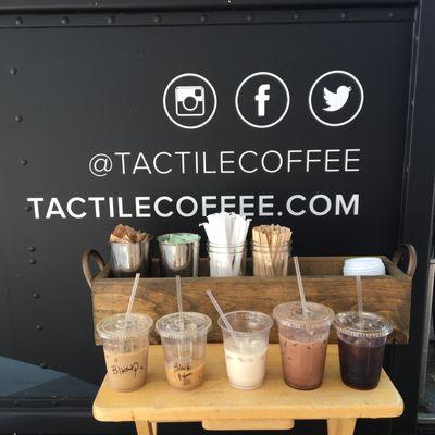 From left to right: Iced Black Strap, Iced Black and Tan, Iced Chai, Iced Mocha, Cold brew. My personal fave is the black and tan!