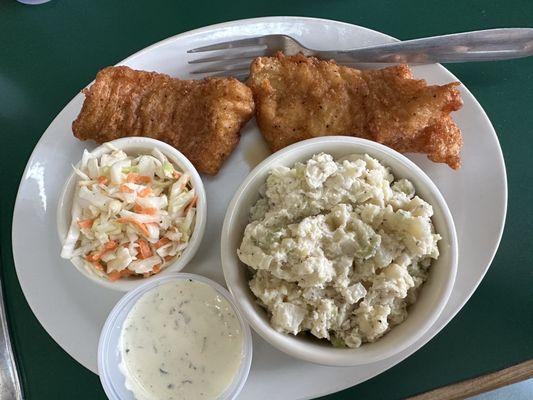 2 pc. fish with Cole slaw and potato salad.