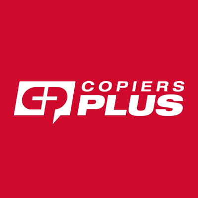 Copiers Plus logo in white on a red background.