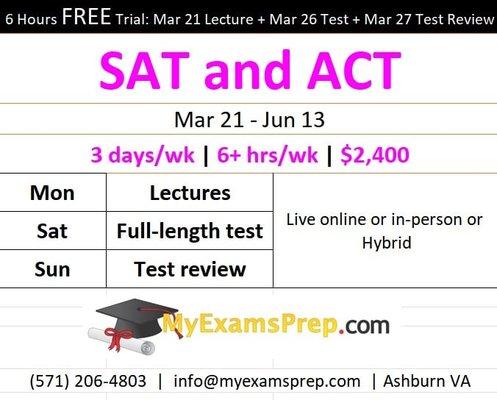 6 hours FREE SAT trial
 Starts Mar 21 
 MyExamsPrep
 571-206-4803