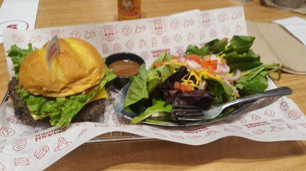 Double black bean Classic, side salad.