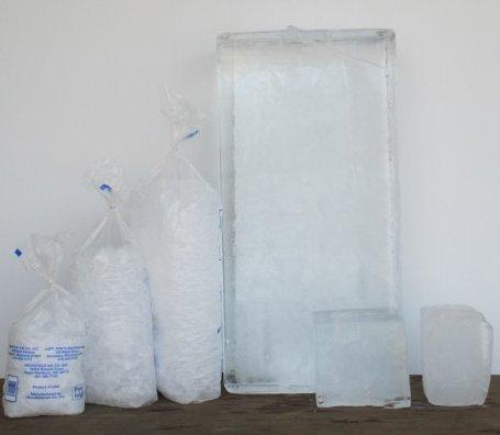 Our ice selections from left: 7lb nugget ice bag 16lb nugget or crushed ice bag 40lb nugget ice bag 300lb block ice  25lb block 10lb block