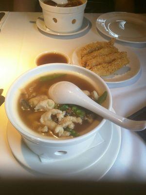 Wanton and Hot and Sour Soup with Fried Chicken Tenders.