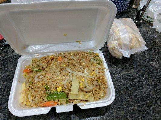 Dinner-sized vegetable fried rice and an order of crab cheese.