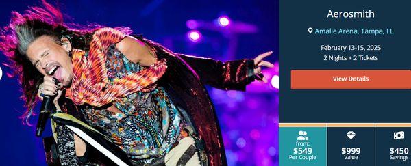 See the legendary Aerosmith,  including hotel stay, transportation to and from the event, and two tickets to the show.