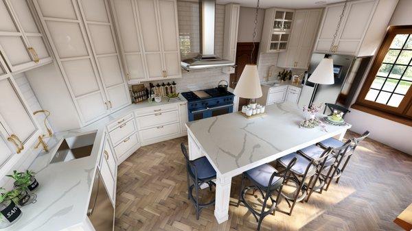 kitchen with a shaker style cabinet high ceiling  with combination of gold handle and blue appliances and Calacatta counter top.