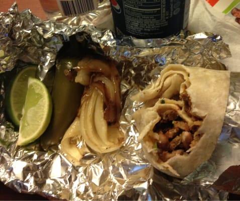 Regular burrito with side of grilled onions, pickled jalapeño, and fresh lime.