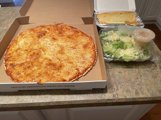 XL cheese light sauce, House Salad, House Dressing, Garlic Cheese Bread special.