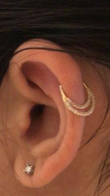 Helix piercing with 14k gold special order from Jared.