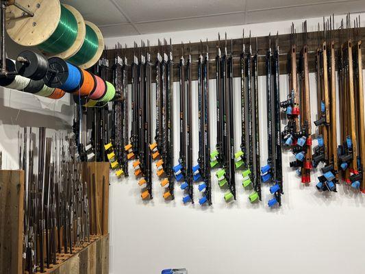 Spearguns: Meandros and Riffe

Speargun Shafts: Beuchat, Pathos, Picasso, Riffe, Rob Allen

Monofilament, Dyneema, Spectra,