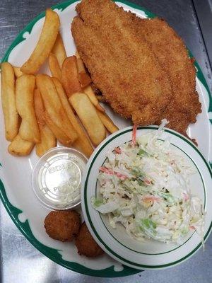 Friday night hand breaded catfish, steak fries, coleslaw