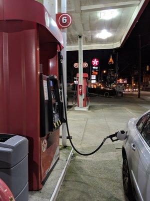 Filling up at pump 6 with a nice view of the Bank of America building and the Midtown Atlanta skyline. Facing Boulevard and Ponce.