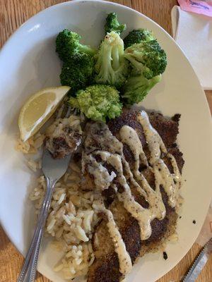 Pecan Crusted Catfish with mustard glaze and steamed seasoned broccoli. Fantastic!